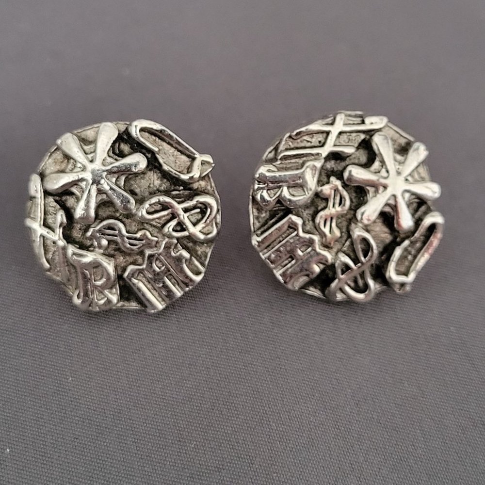 Puccini Silver Tone Womens Clip On Round Earrings 3D Musical Notes Signed